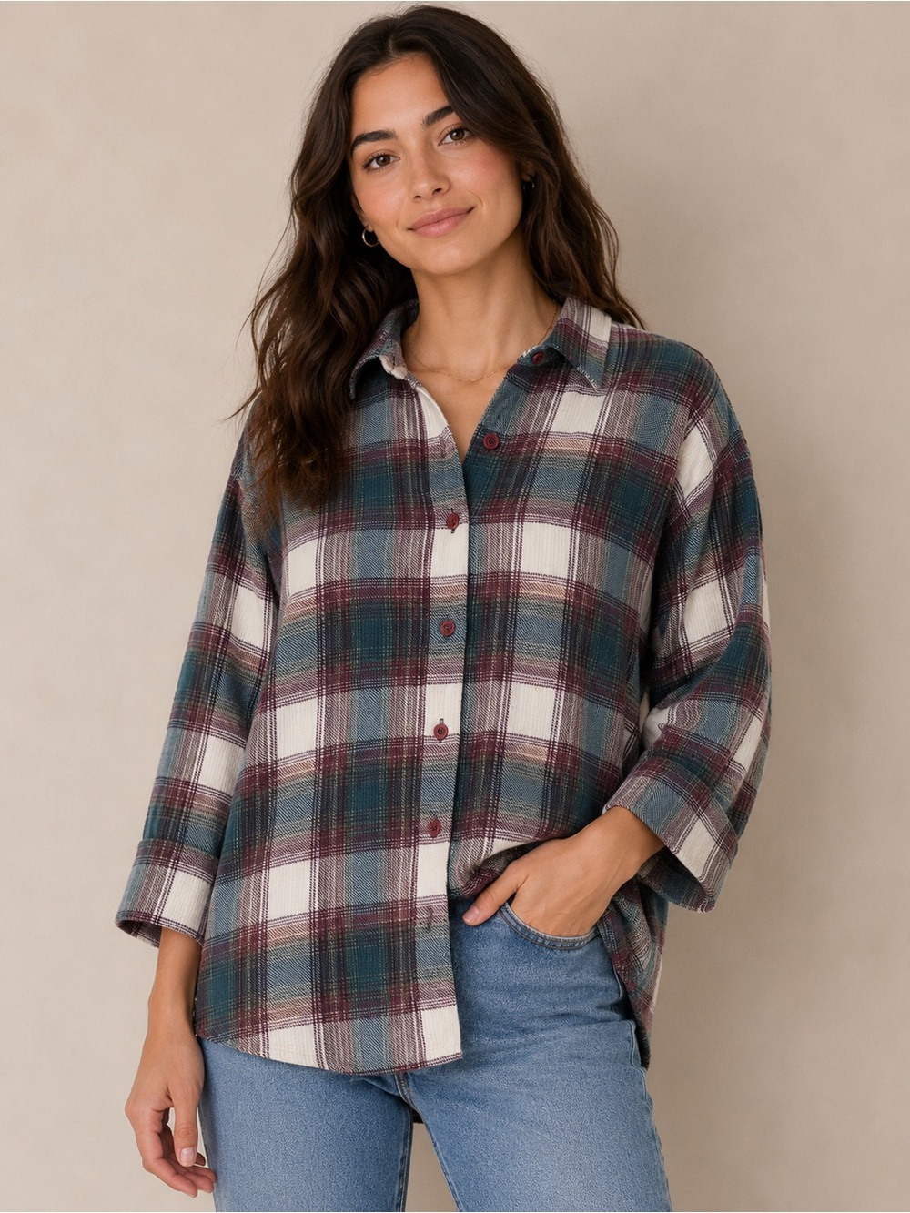 Stefano Basics Green Burgundy Plaid Flannel Button-Up‎ Shirt Size Tag Faded